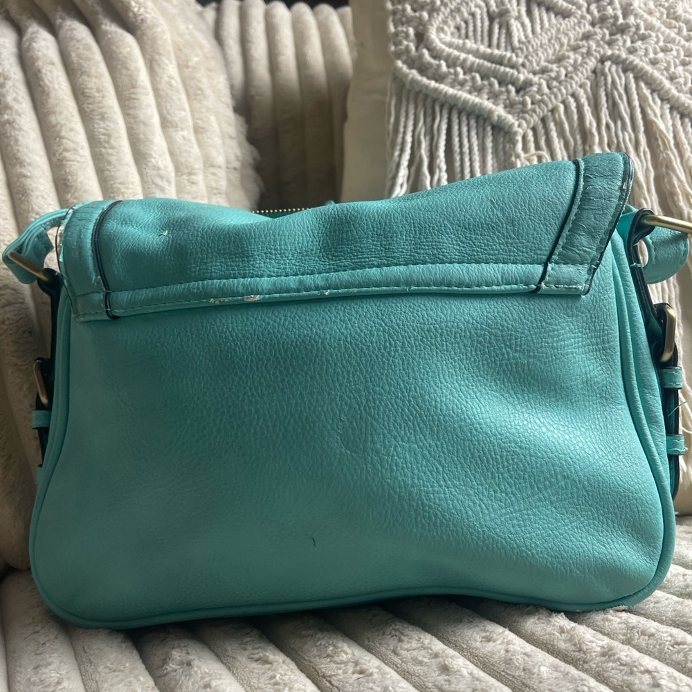 Merona Teal Faux Leather Crossbody Bag Adjustable Strap Zipper Pocket - Picture 5 of 8